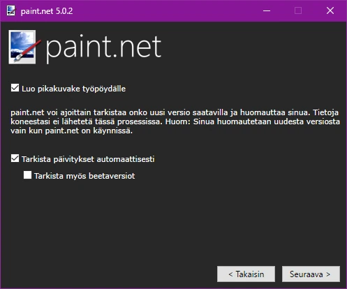 paint.net asennuksen asetukset